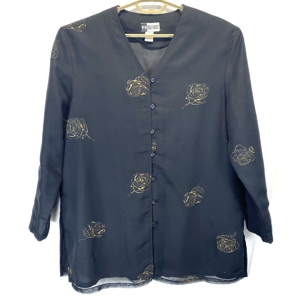 Together! Missy Women Kimono Top Size XL Button Up Lined Black-Gold Rose RN41488
